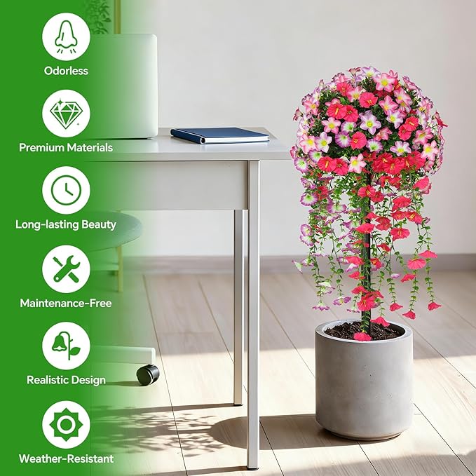 2Pcs Artificial Morning Glory Topiary Trees, Red Fake Shrubs Bushes with Ground Spike, Faux Evergreen for Porch Plants, UV Resistant Artificial Flowers for Outdoors Indoor Front Garden