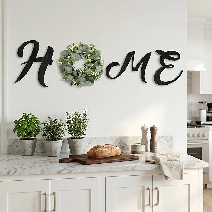 Pinkpum Wood Home Sign with Artificial Eucalyptus Wreath for O, Hanging Farmhouse Wall House Decor Wood Letters for Wall Art Rustic Home Decor, Wall Decor for Living Room Kitchen Entryway (Black)