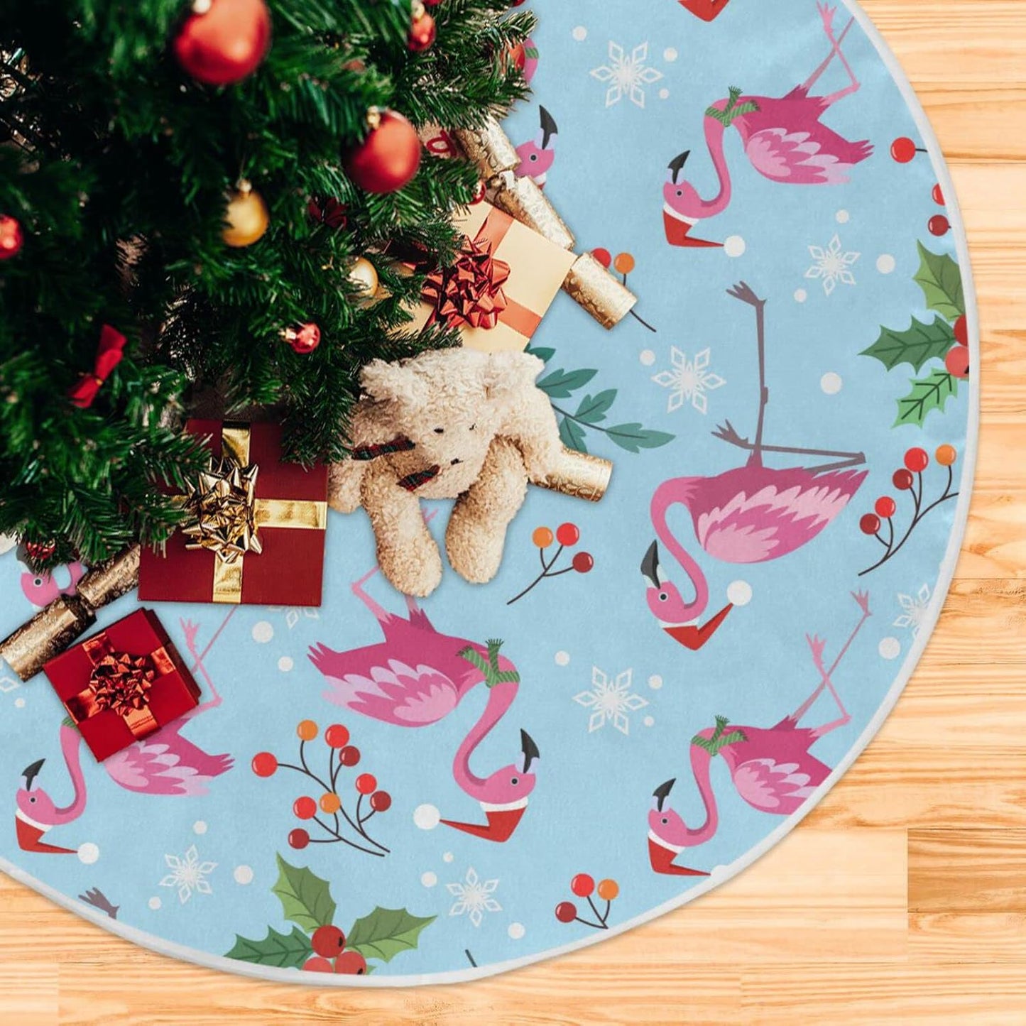 Christmas Flamingo Snowflake Tree Skirt, Seasonal Tree Mat Holiday Party Supplies Ornaments Indoor Outdoor Decorations for Tabletop Trees 47.2 Inches
