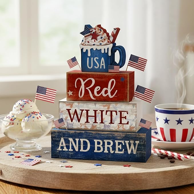 CroBlissful 4 Pcs 4th of July Decorations Patriotic Memorial Day Tabletop Decoration Red White Blue Table Centerpieces USA Coffee Sign for Office Tiered Tray Home Shelf 250th Anniversary