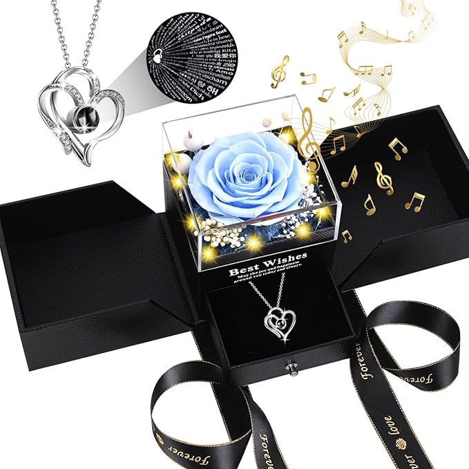Pasuvsigt Valentines Day Rose Gifts for Her, Preserved Real Rose with I Love You Heart 100-Language Necklace, LED Lights & Music Box, Anniversary Birthday Valentines Gifts for Women Girlfriend Mom