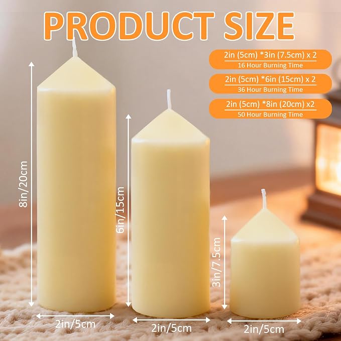 6 Pcs Ivory Pillar Candles Bulk Set, 3 Different Lengths 2 x 3/6/8 Inch (2 Each), Dripless Unscented Smokeless,Hurricane Candles,Gives You a Better Atmosphere When Organizing an Event Party.