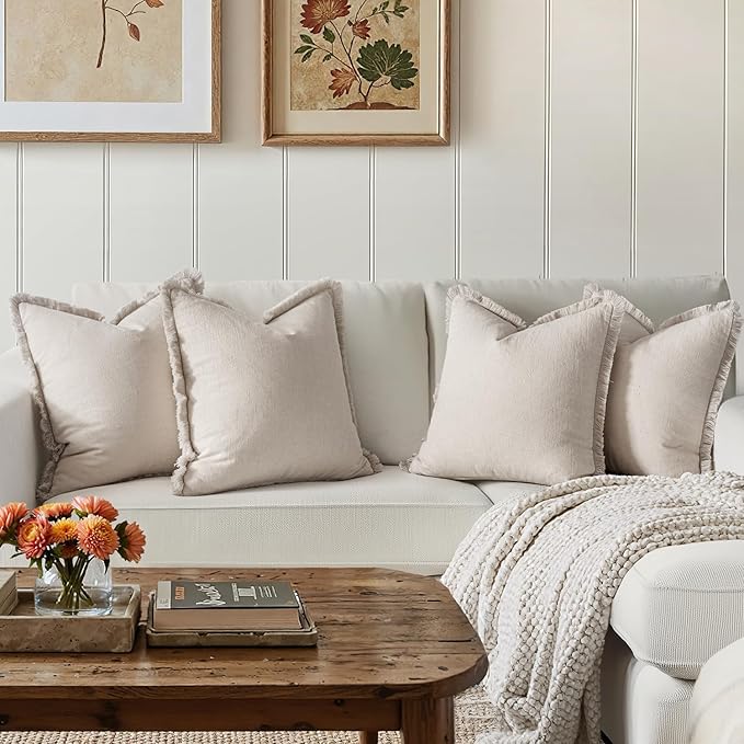MIULEE Decorative Couch Pillow Covers Neutral Beige Linen Fringe Throw Pillows Set of 4 Boho Farmhouse Cushion Covers Soft Accent Pillowcases for Bed Couch Sofa Living Room Spring Decor 18x18 Inch
