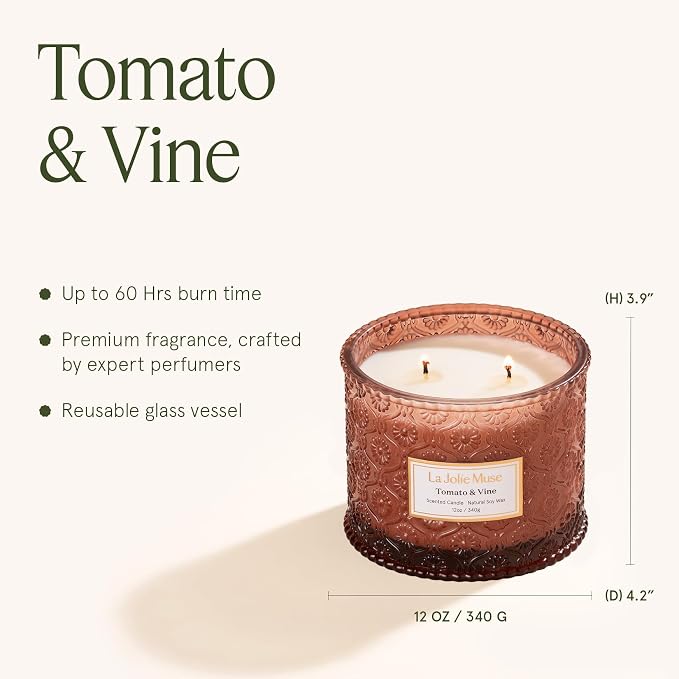 LA JOLIE MUSE Tomato & Vine Scented Candles for Home, Natural Soy Wax, 12oz