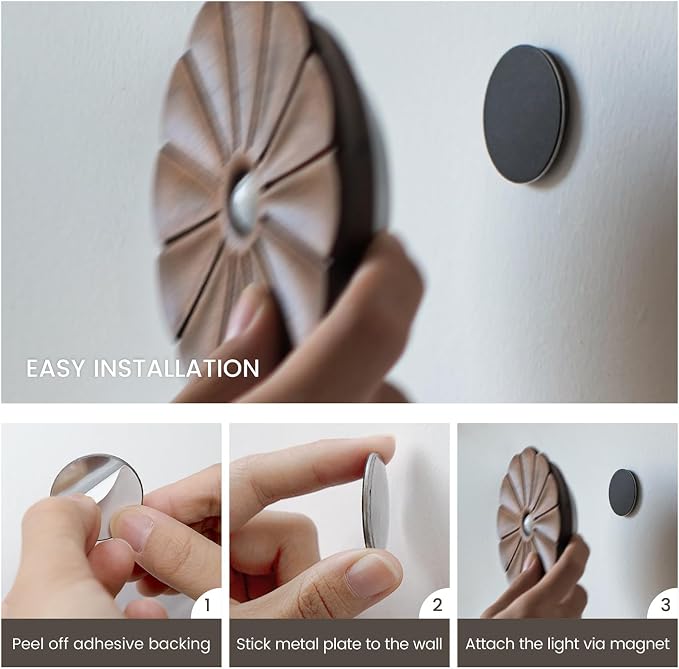 Motion Sensor Night Light, Wooden Flower Lights, USB Rechargeable Magnetic Stick-On Lights for Stairs, Hallway, Bedroom, Indoor Pathway, Motion Sensor Light Indoor (2 Pack Black Walnut)