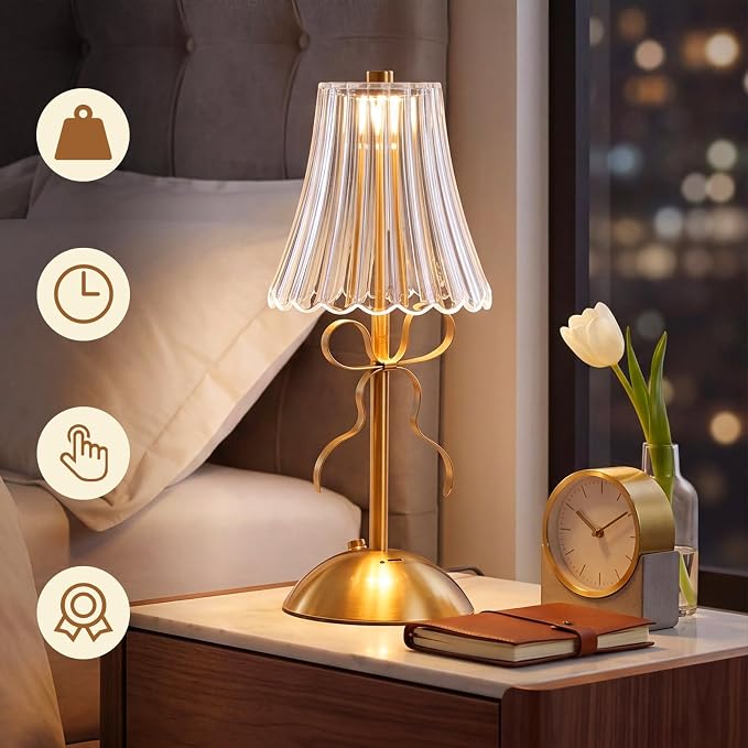Liliful 2 Pcs Cordless Table Lamp Rechargeable Touch LED Small Gold Portable Battery Operated USB-c Desk Lamp 3 Color Dimmable for Bedroom Living Room Dining (Gold,Bow Rose Style)