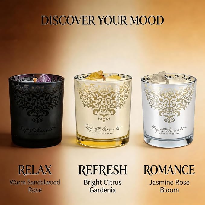 Luxury Soy Candle Gift Set for Women – 3 Pack 7oz Crystal Glass Aromatherapy Candles, 120H Total Burn Time, Soy & Beeswax Blend with Wick Trimmer & Snuffer Lid, Spa & Relaxation Scents