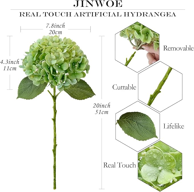 JINWOE Light Green Artificial Hydrangeas, 4Pcs 20" Real Touch Silk Flowers,Lifelike Hydrangeas Stems Faux Flowers for Bouquet Table Centerpieces Indoor Spring Outdoor Home