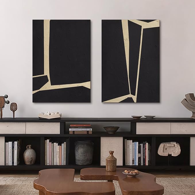 Large Modern Abstract Black Vertical Wall Art for Living Room, Set of 2 | Hand‑Painted Oil Painting with Matte Finish, Diptych Minimalist Canvas Artwork for Bedroom, Neutral Wall Decor, 28x40" Each