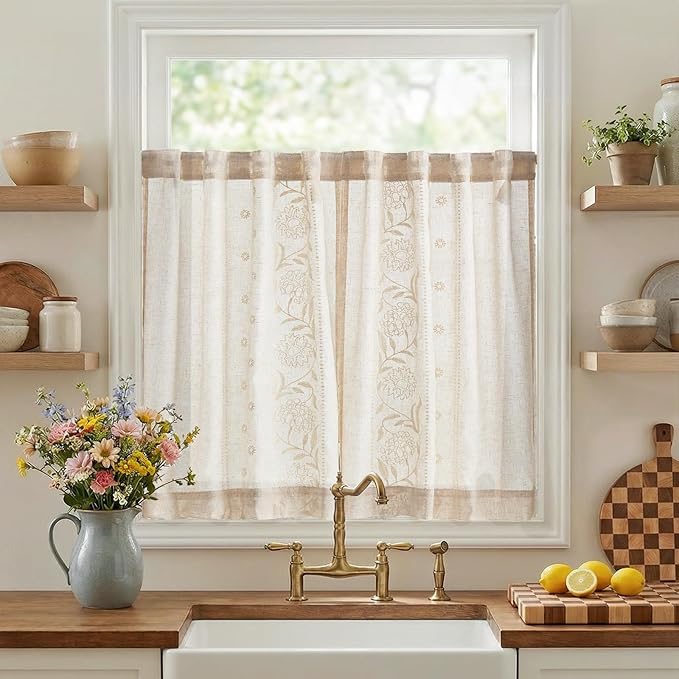jinchan Winslow Linen Kitchen Curtains 36 Inch Length Small Window Curtains Embroidered Bordered Floral Drapes Light Filtering for Bathroom Laundry Room Farmhouse Decor White on Beige 2 Panels