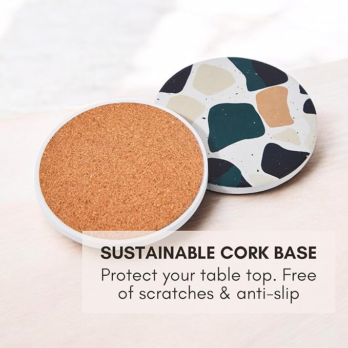 Terrazzo Coasters Set of 6, Ceramic Absorbent Drink Coasters, Cute Moisture Absorbing Coaster, Coffee Table Desk Decor, Colorful Stone Coaster for Drinks (Midnight)
