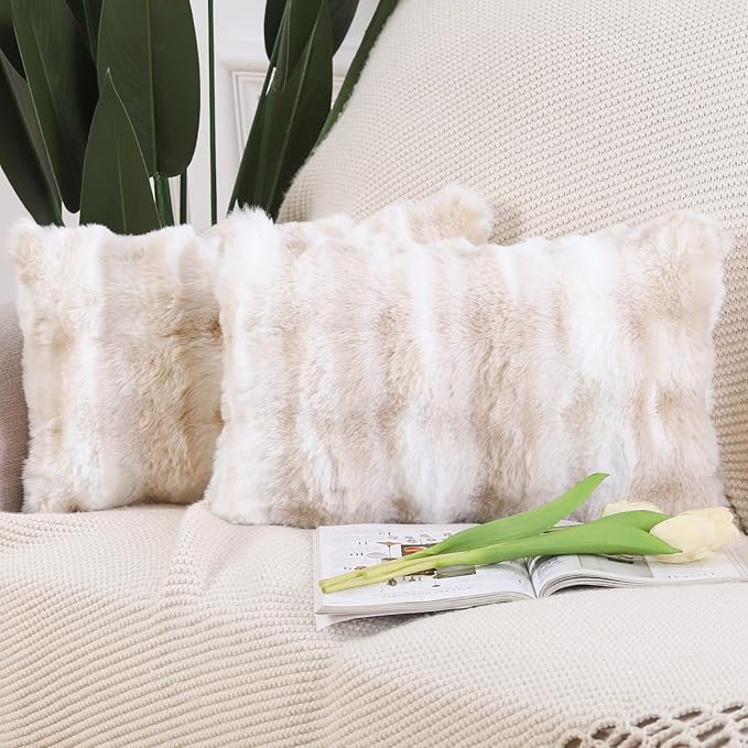MADIZZ Pack of 2 Thick Plush Faux Wool Throw Pillow Covers Soft Boho Throw Pillows Luxurious Cushion Covers for Couch Sofa Bedroom Living Room Home Decor 12x20 Inch White Beige