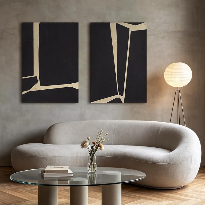 Large Modern Abstract Black Vertical Wall Art for Living Room, Set of 2 | Hand‑Painted Oil Painting with Matte Finish, Diptych Minimalist Canvas Artwork for Bedroom, Neutral Wall Decor, 28x40" Each