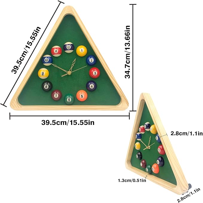 Yuanhe Billiards Pool Ball Clock - 14Inch Triangle Pool Table Cool Wall Clock with Solid Wood Frame,Great for Billiards Room,Pool Room,Game Room,Bar