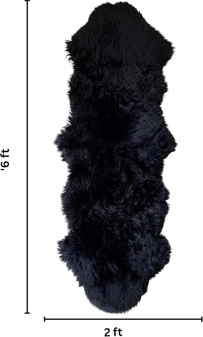 Woolous Black Sheepskin Rug 2x6 ft Genuine Double Pelt Plush Fur Runner Rug | Real double pelt sheep skin runner rug, soft black plush rug and fur carpet for bedroom, living room, nursery and floor decor