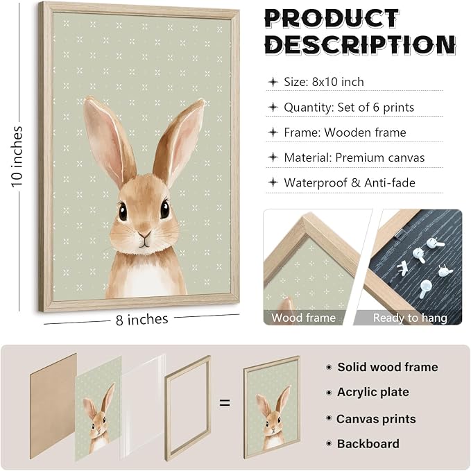Woodland Animal Nursery Wall Art Decor Baby Kids Canvas Poster Safari Animal Wall Decor Jungle Forest Prints Bear Fox Deer Pictures Sage Green Painting Neutral Artwork for Bedroom 8x10x6 Inch Framed