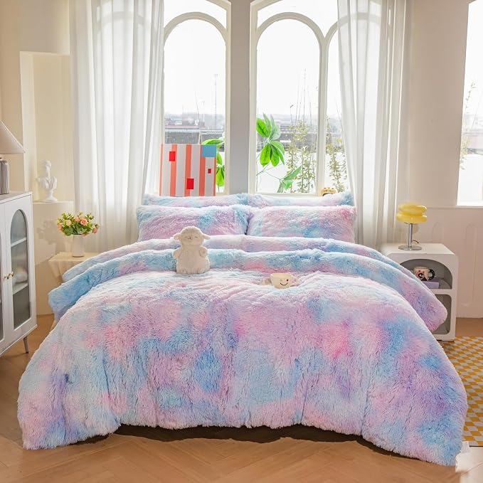 chovy Faux Fur Plush Tie-Dyed Colorful Blue Comforter Sets Full/Queen - Ultra Soft Shaggy Flannel Velvet Fluffy Fuzzy 3PC Bedding Set （Comforter x 1 Pillowcases x 2）