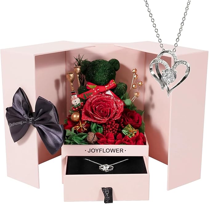 JoyFlower for Women, Christmas Decor with Forever Flowers, Preserved Flowers Bear with Necklace Gifts, Unique Eternal Rose Bear Gift on Christmas for Girlfriend Wife Mom Grandma Her