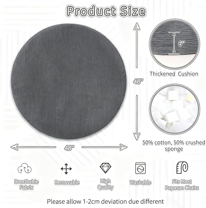 Papasan Breathable Round Chair Cushion (Without Chair) with Detachable Corduroy Cover,48 x 48 x 6 Inch Oversized Round Chair Pad Supportive Cushion, Overstuffed Chair Cushion,Memory Foam Filling,Grey