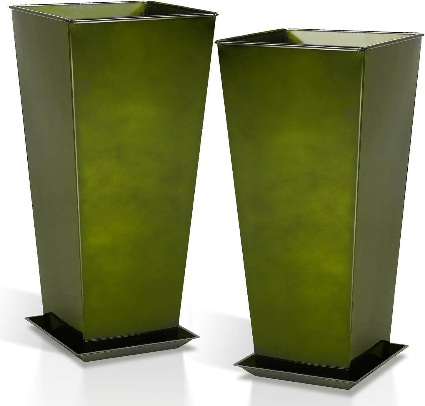 WORTH Garden 25" Large Metal Glazed Planter Set of 2, Luxurious Glossy Finish Green Tall Square Tapered Steel Plant Pots, Decor Flower Pot Indoor & Outdoor, Drainage Hole & Dual-Purpose Plant Saucer