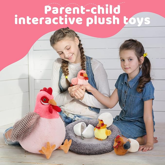 MaoGoLan 8Pcs Chicken Stuffed Animals, Stuffed Laying Hen Chicken Plush Toys with 3 Babies Chickens and 3 Eggs,1 Nest House Plush Set, Cute and Soft Farm Stuffed Animals Gift for Kids,Girls,Boys,Pink