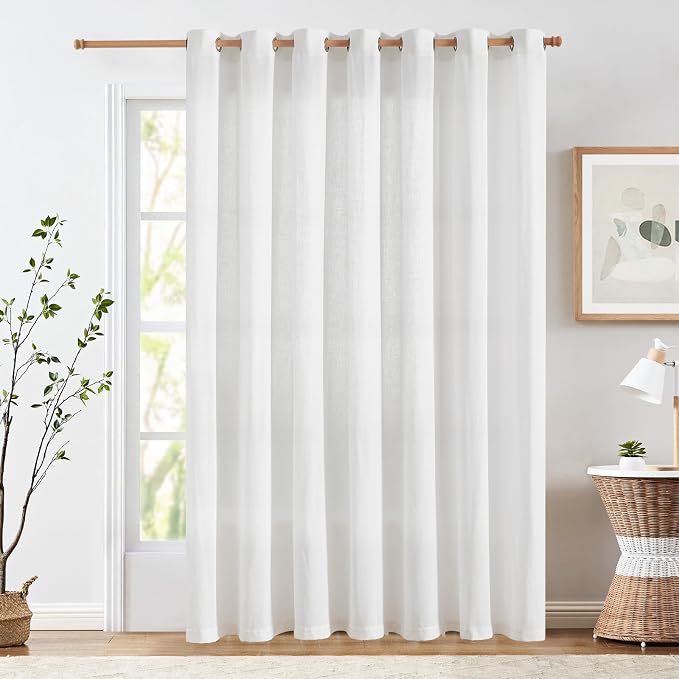jinchan Linen White Curtain Extra Wide 100 Inch Large Window Curtain Light Filtering Semi Sheer for Patio Sliding Glass Door Rustic Farmhouse Drapes for Living Room Bedroom Sunroom 100x90 Inch