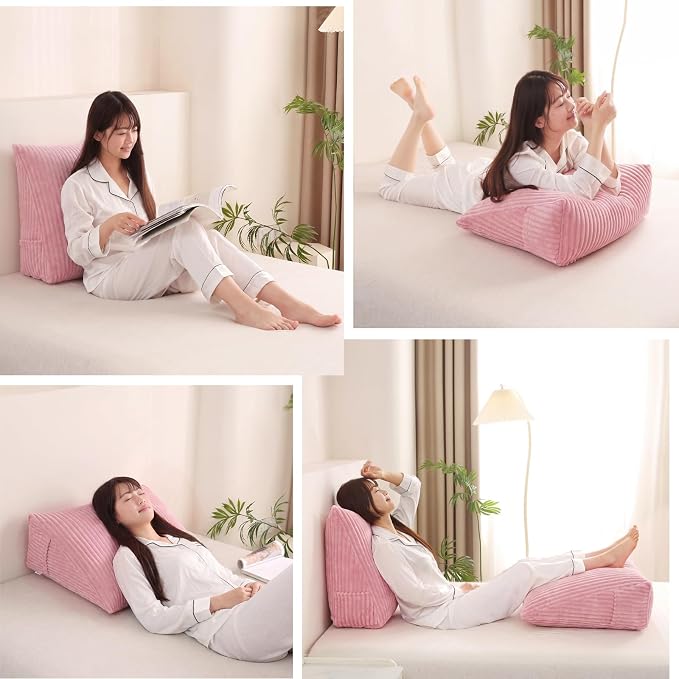 Corduroy Wedge Reading Pillow for Bed, 3 Sizes, 4 Colors for Bed, Sofa, Office Chair (Pink, Large 24 * 20 * 8in)