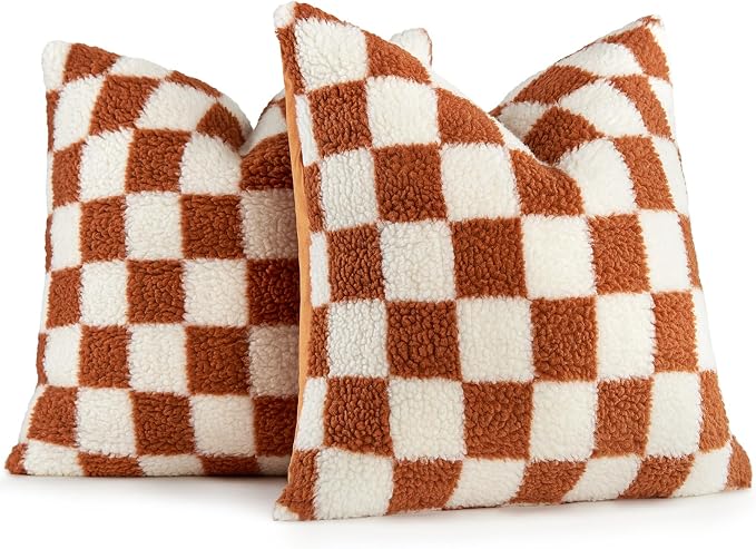 AmHoo Pack of 2 Decorative Throw Pillow Covers Checkerboard Luxury Super Soft Faux Fur Wool Set Case Cushion for Couch Sofa Bedroom 26 x 26-Inch Burnt Orange