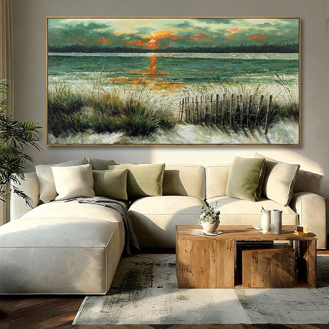 Large Abstract Green Framed Canvas Wall Art,Neutral Sunrise Beach Sea Ocean Pictures,Modern Minimalist Artwork for Living Room,Bedroom,Dining Room,Office-29 x58