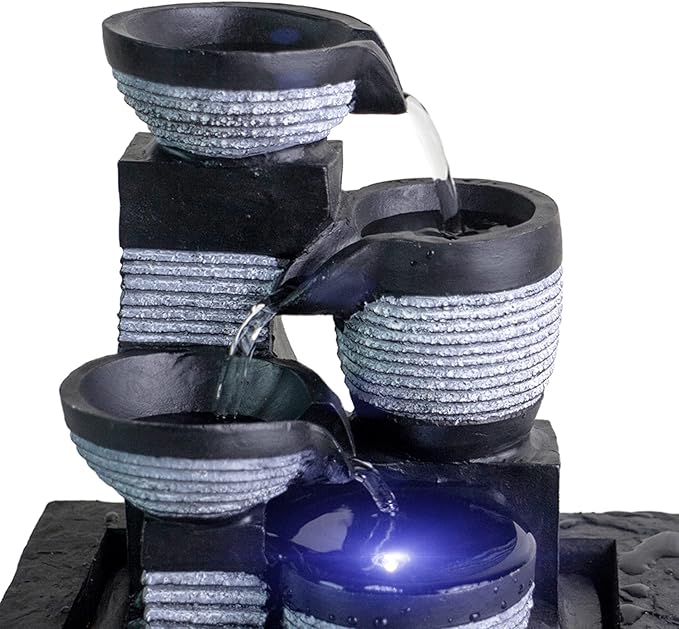 Ferrisland Tabletop Waterfall Fountain - 3-Step Modern Water Fountain with LED Light for Office Desktop Decor