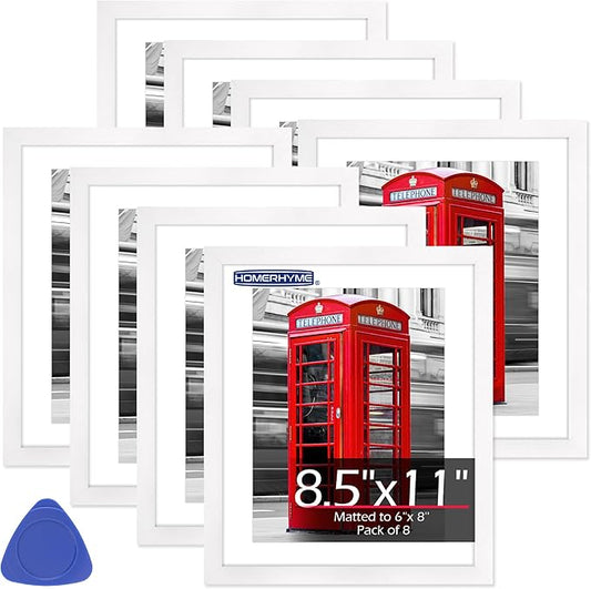 8.5x11 Picture Frame Set of 8, White Photo Frames for Gallery Wall Mounting, Display Pictures 6x8 with Mat or 8.5 by 11 Without, Certificate Frame with Plexiglass for Home Office Wall Decor