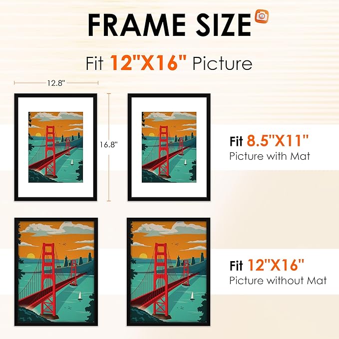 FIXSMITH 12x16 Picture Frame Set of 4, Photo Frame with HD Plexiglass, Display Pictures 8.5x11 with Mat or 11x17 Without Mat, Black Picture Frames Collage Wall Decor, Gallary Wall Frame