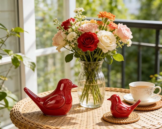 Small Red Bird Statue Ceramic 2-Piece Set, 3¾ inch Cute Knick Knack for Home Office Shelf Desk Decor