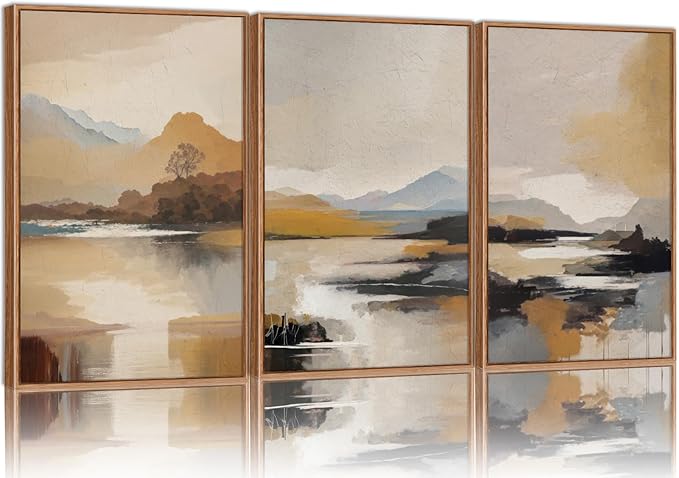 Tinonedraw Beige Abstract Mountain Framed Canvas Wall Art, Mid Century Modern Wall Decor, Rustic Golden Hour Lake Artwork, Neutral Nature Landscape Art Paintings for Living Room Bedroom 16"x24"x3