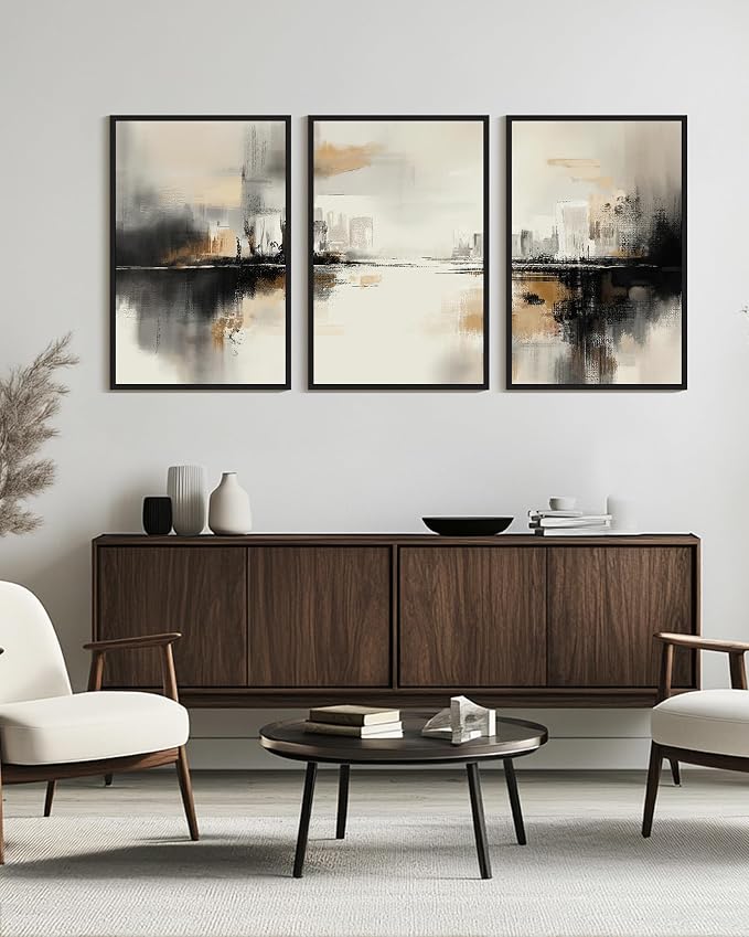 PHOPAGO Black Gray Abstract Landscape Framed Wall Art Huge 24x36in Brown Tan Neutral Wall Decor Minimalist Modern Illustrations Prints Bedroom Home Decor - Black Framed