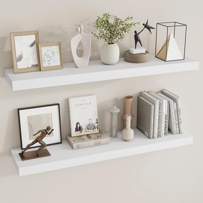 Dreamland 40Inch White Floating Shelves 9.3" Deep Wall Mounted Set of 2 | Wall shelves for bathroom, bedroom, Living Room, kitchen, deep wall mount wood storage display for home decor 40" x 9.3"