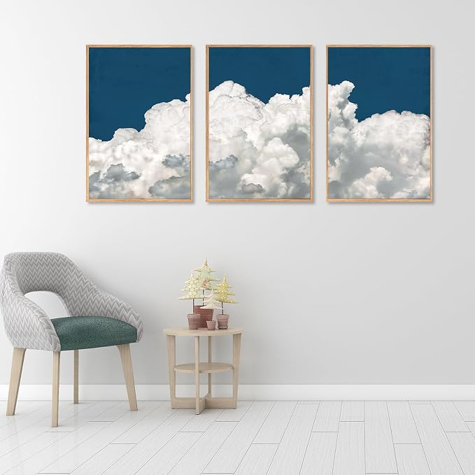 LHIUEM Large White Clouds Framed Canvas Wall Art Set Abstract Navy Blue Sky Natural Wall Decor Minimalist Modern Painting Artwork for Livingroom,Bedroom,Office Decor -24"x36"x3