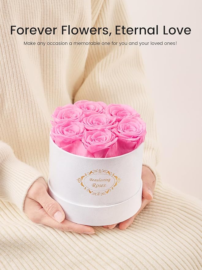 Beaulasting Long Lasting Preserved Roses in a Box Last a Year Forever Flowers for Her Mom Wife Anniversary Birthday (Round White Box, Light Pink)