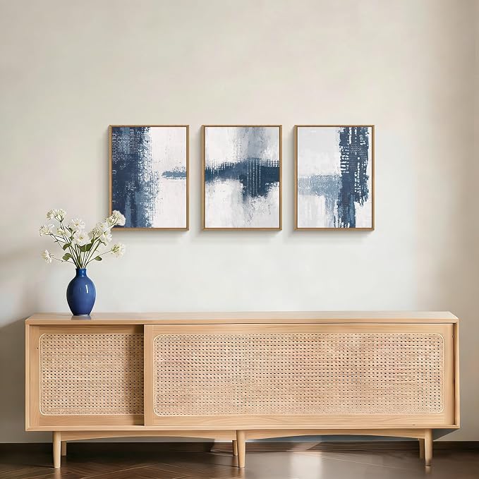 Abstract Navy Blue Grey Framed Canvas Wall Art Set,Modern Minimalist Wall Decor,Neutral Brush Stroke Artwork for Living Room,Bedroom,Dining Room,Office -12"x16"x3