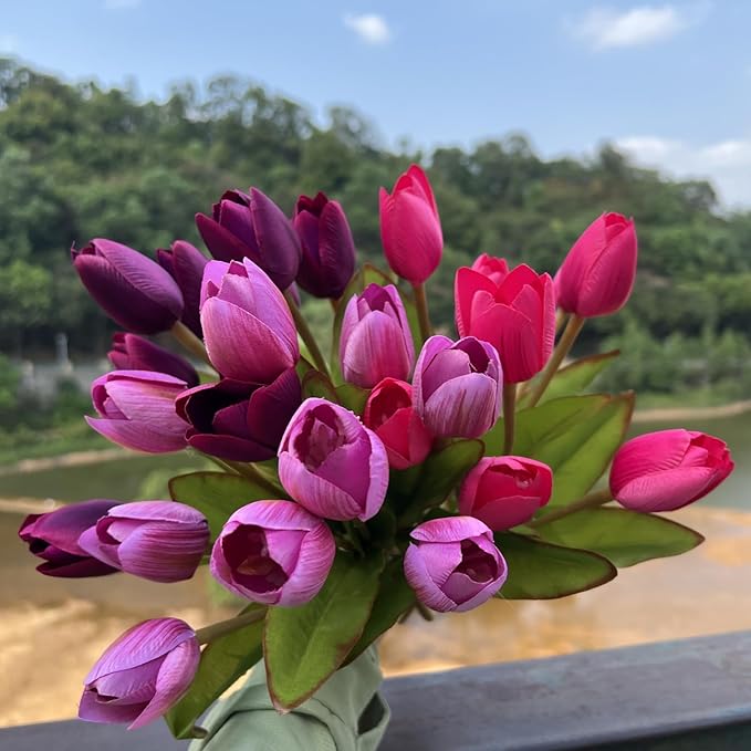 Artificial Fake Flowers for Spring Summer Outdoor Decoration,6 Bundles Realistic UV Resistant Silk Fabric Colorful Tulip Faux Plants for Outside Planter Home Porch Patio Decor(Pink Purple)