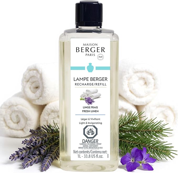 Maison Berger Fresh Linen Lampe Berger Refill, 1 Liter (33.8 fl oz), 2-in-1 Catalytic System, Neutralizes Odors and Diffuses Fragrance, Eucalyptus, Lavender, Pine, Made in France