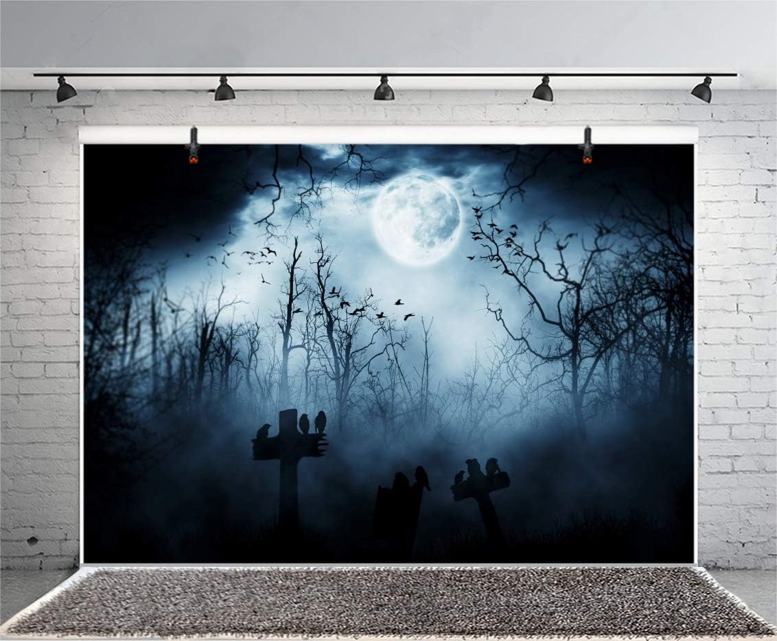 AOFOTO 9x6ft Moon Night Halloween Cemetery Photography Backdrop Flying Bats Birds Stand on Gravestone Cross Graveyard in Dark Forest Photo Background Cloth Vinyl Wallpaper Photo Studio Props