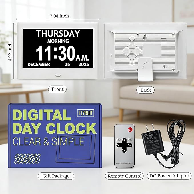 7'' Dementia Clock For Seniors, Large Display Digital Clock With Date, Time, Day Of Week for Elderly, Alzheimer, 1024*600P HD, 10 Reminders & 8 Alarms, Auto Dimming & DST, Remote Control, White