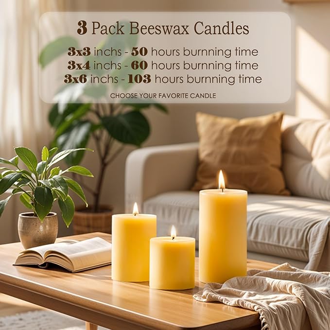 3 Pack Beeswax Candles - 3x4inchs Emergency Candles, Beeswax Pillar Candles 180 Hours Long Burning 100% Pure Natural for Emergency, Dripless & Smokeless Bees Wax Candle for Home & for Relax(3x4in)