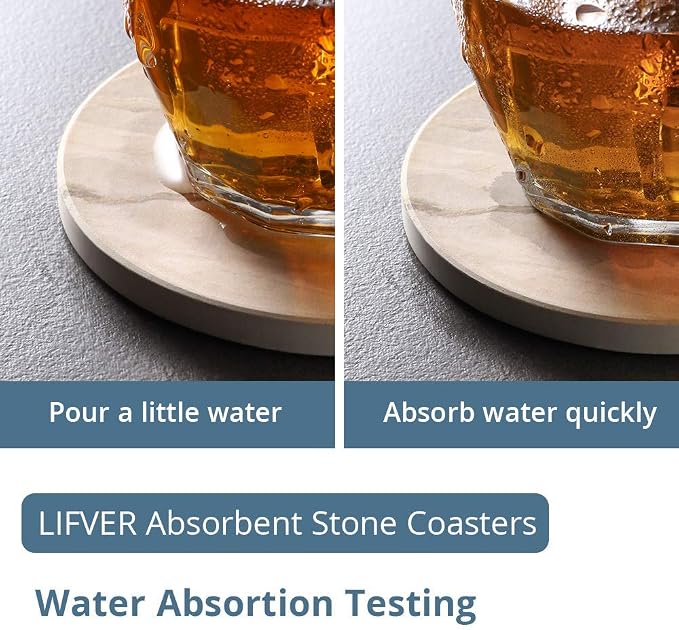 LIFVER Drink Coasters 6 Pieces Ceramic, Absorbent Coasters for Drinks,Stone Style Coaster Set with Cork Base for Wooden Table,Housewarming Gift for Friend