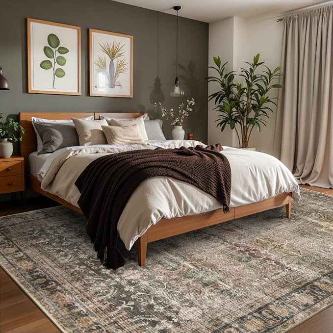 Rugxara 6x9 Area Rugs for Living Room Bedroom, Large Washable Rug, Brown Vintage Retro Boho Rug, Non Slip & Low Pile Faux Wool Thin Carpet for Indoor Dining Room and Kids Room(Charcoal/Olive 6x9ft)