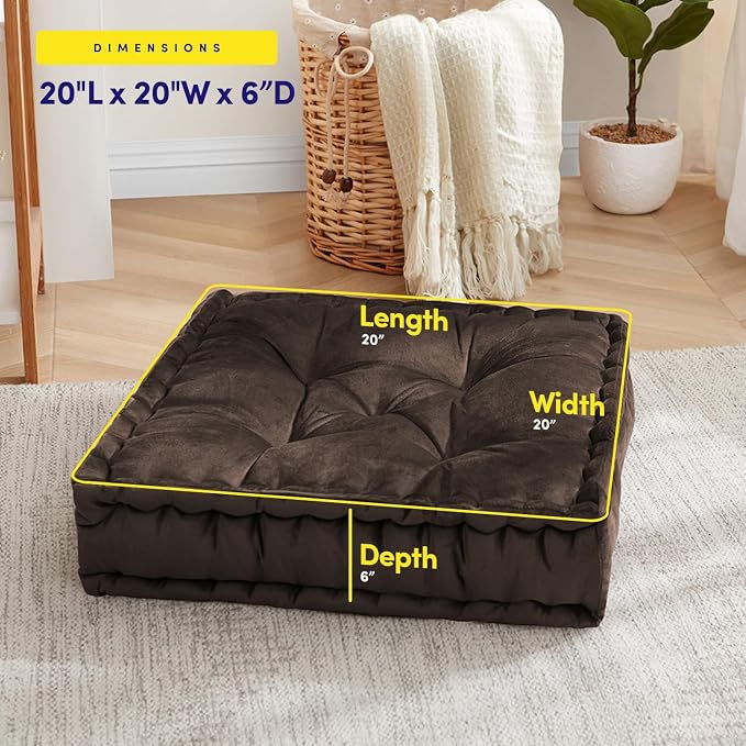 Floor Pillow Large Square Tufted Decorative Cushion 20" x 20" Faux Velvet Fabric Ultra Thick Fill for Kids and Adults, 1 Pack, Coffee Brown