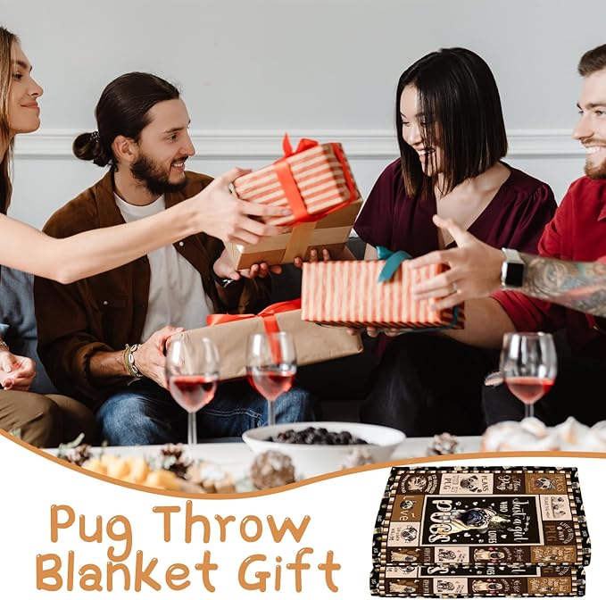 Wxiben Pug Throw Blanket Gifts - Cartoon Pug Gifts for Women Pugs Lovers Puppy Gifts for Boys Girls Pugs Dog Owners Soft Flannel Blanket for Home Christmas Sofa Couch Bed Decor 60 x 50 Inches