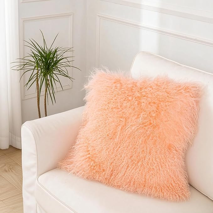 Seek4comfortable Mongolian Lamb Fur Throw Pillow Cover, Sheepkin Fur Decorative Cushion Cover Pillow Case Home Decorative Square Throw Pillow Cover Plain Wool Pillow Protector, Pink (18"x18")