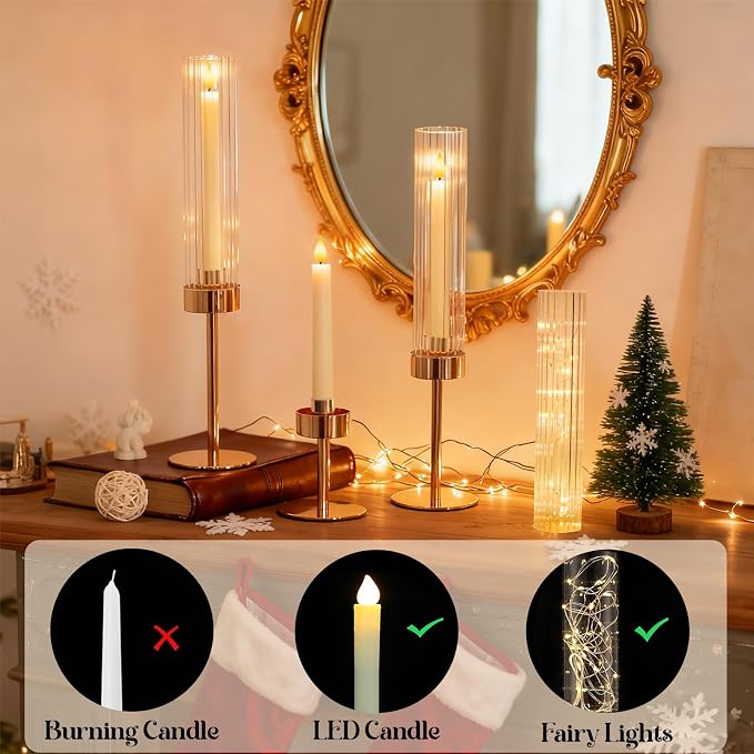 Metal & Acrylic Taper Candle Holders with Ribbed Design - Hurricane Clear Cylinder Candelabra for Wedding, Christmas, Party, Dining Table Centerpiece Decor (Gold, Set of 6)